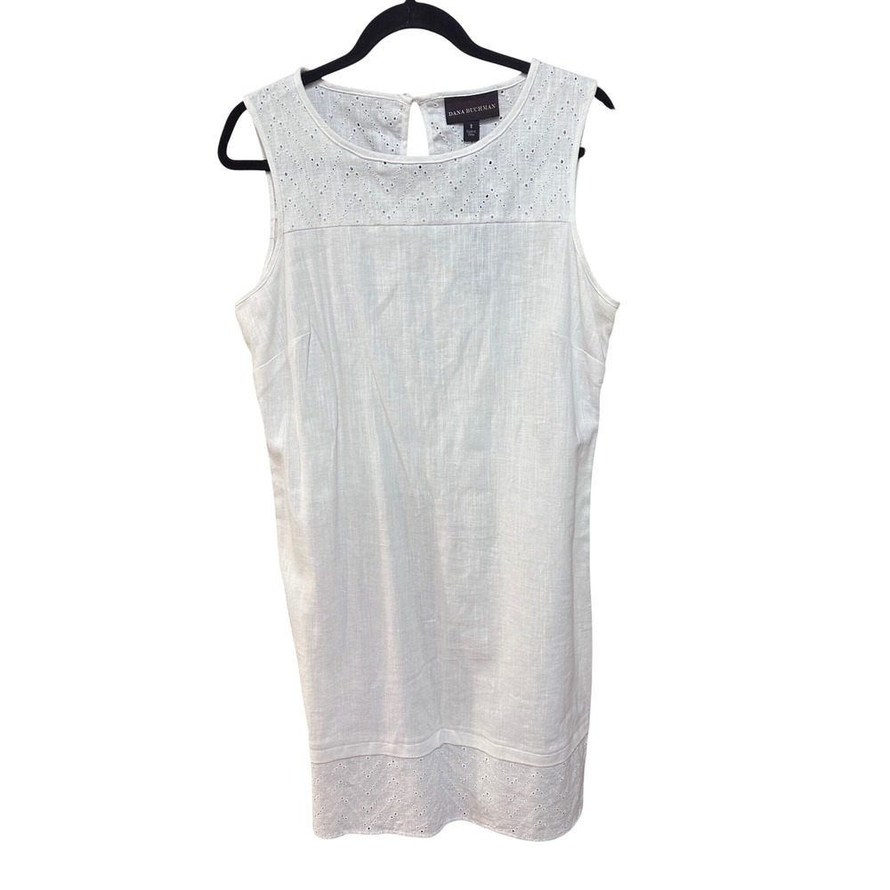 Dana Buchman White Linen Cotton Eyelet Shift Dress‎ Sleeveless Size 8 NEW